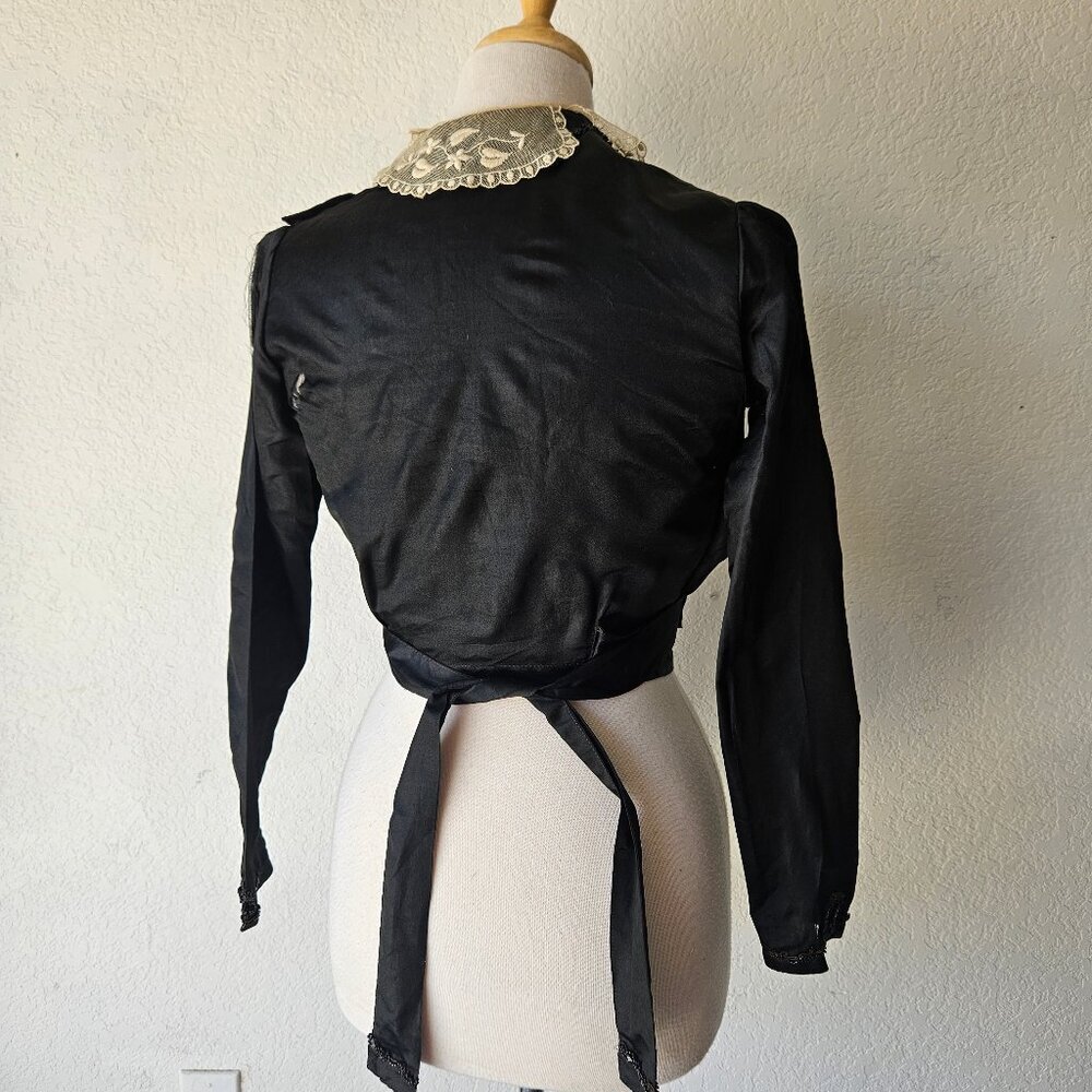 Antique Early 1900s Edwardian Black Silk Blouse Mourning Top Beaded Lace XS/S - Picture 14 of 16